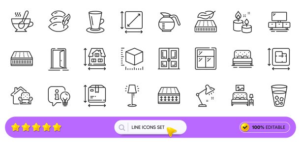 台灯，家具移动和床线图标的web应用程序。象形图标。行图标。向量图片下载