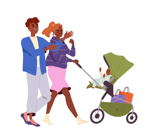 父母带着婴儿车矢量图片下载