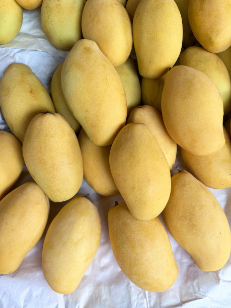 在超市的当地新鲜农产品通道里，超市货架上摆放着一堆橘子皮芒果，纸上的水果特写，高架视图图片下载