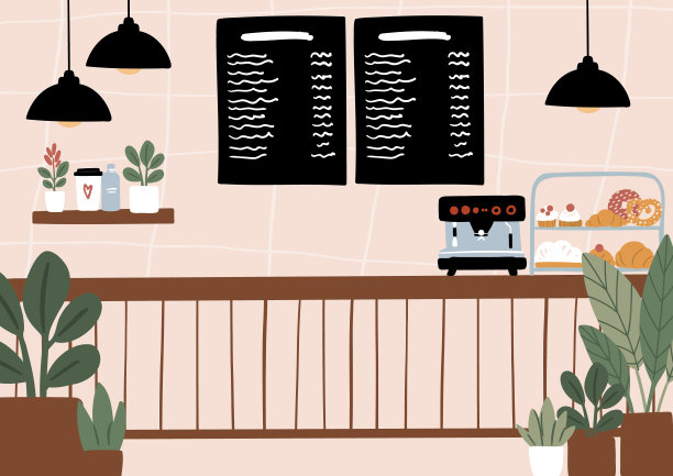 宠物友好咖啡店的室内和室外背景：舒适的座位和桌子、茂盛的盆栽植物、咖啡馆外观和露台座位，扁平风格矢量插画图片下载