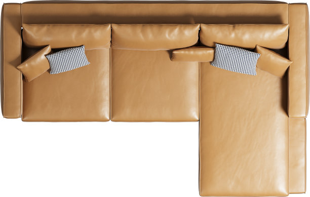 带靠垫的焦糖皮革沙发的俯视图图片下载