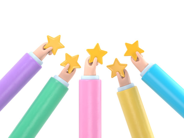 Hand给出五星评级的3D插图。顾客选择一个满意等级并留下积极的反馈。客户服务和用户体验的概念。白色背景的3D渲染。图片下载