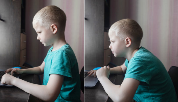 这个男孩坐在电脑前的椅子上。当孩子坐在电脑桌前时，脊柱的正确和不正确的位置。坐姿不正确时的姿势矫正。造成脊柱侧凸的原因与不良的姿势有关图片下载