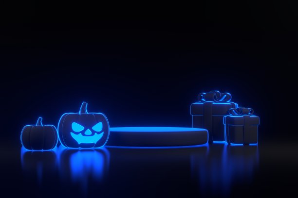 礼品盒、万圣节南瓜和黑色背景的霓虹灯讲台图片下载