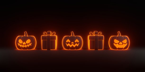 黑色背景上有霓虹灯的卡通礼品盒和万圣节南瓜图片下载