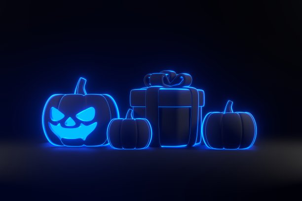 黑色背景上有霓虹灯的万圣节南瓜卡通礼盒图片下载