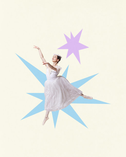 当代艺术拼贴。艺术芭蕾舞者，优雅的舞蹈动作与溅起的背景。柔和的配色。图片下载