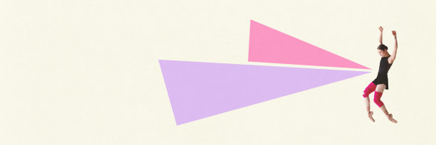 横幅。当代艺术拼贴。芭蕾舞者用锋利的三角形跳舞，因为她在痛苦中跳舞。柔和的配色。图片下载