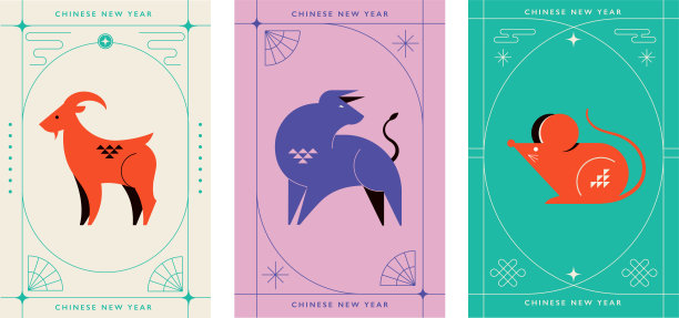 中国星座生肖收藏，几何极简风格。动物是中国新年的象征。一套吉祥物:兔、龙、蛇、虎、牛、鼠、猪、狗、鸡、猴、羊、马图片下载