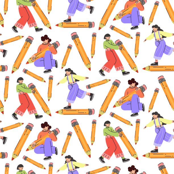 一个图案，不同的年轻人拿着大铅笔的无缝图案。快乐的青年学生写，画。教育的概念。知识日，九月。回到学校。向量图片下载