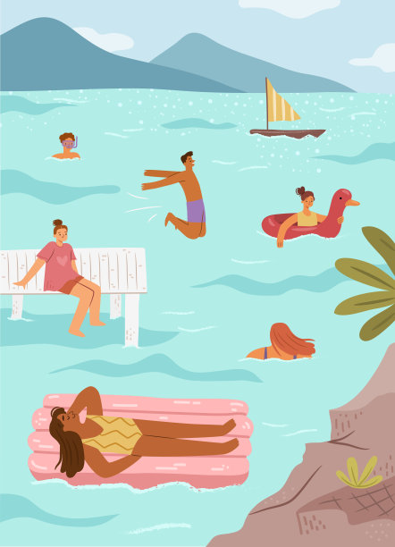 在海边休息的男女角色，人们游泳和晒日光浴，使用充气床垫和游泳圈。女人坐在码头上，男人跳入水中。夏季假期和娱乐图片下载