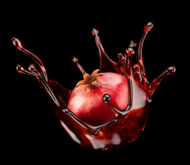 石榴在红色的果汁溅在黑色的背景。三维渲染图片下载