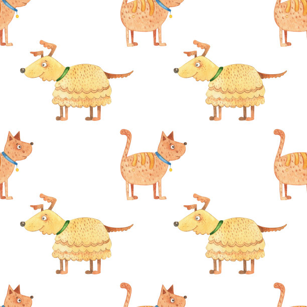 无缝儿童模式的水彩猫在一个白色的背景。红色的猫和狗。手绘插图。画的背景。结构模式。猫，小猫，狗，小狗图片下载