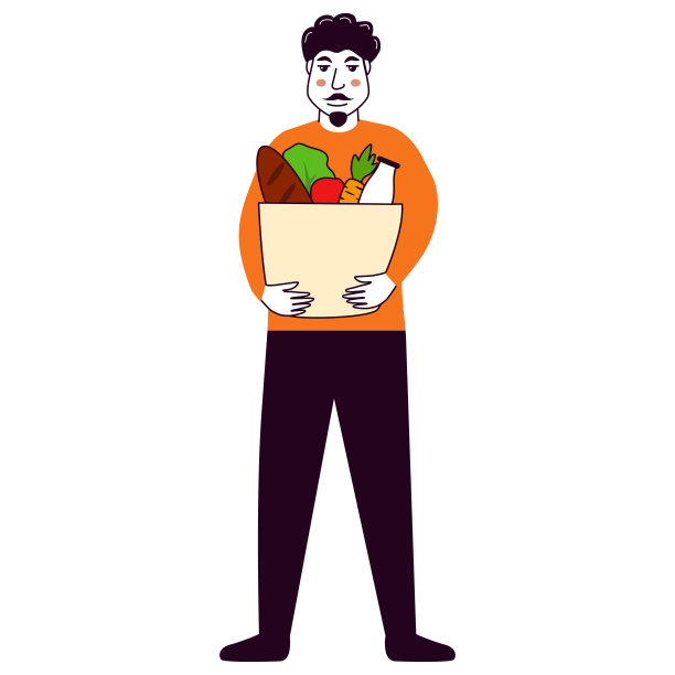 送货员拿着杂货纸袋。送餐服务。手绘的人。图片下载