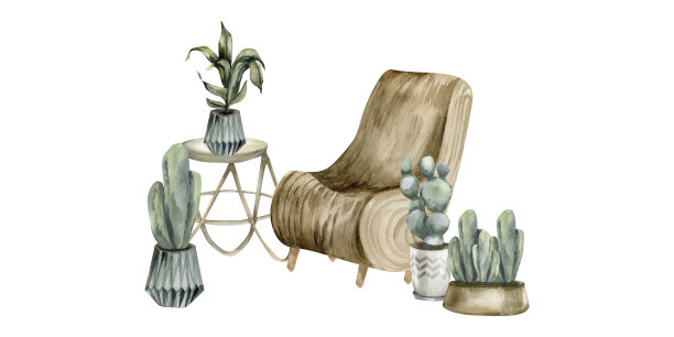 室内构图以波西米亚生态家具、家居绿色植物水彩插画为主。手绘构图木椅，花盆里的仙人掌，杂志，沙龙，海报等桌子上的陶制手掌图片下载