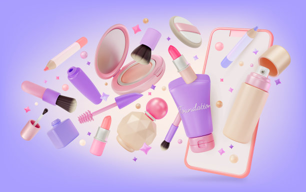 3d在线美容店彩妆护肤香水产品概念背景卡通设计风格。向量图片下载