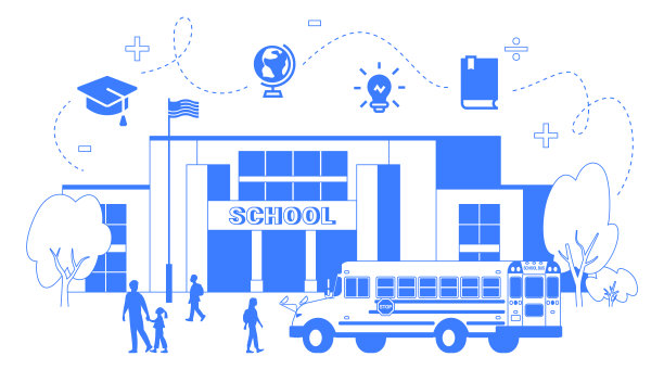 矢量插图的学校建筑，公共汽车和儿童，一色线艺术教育信息图概念。图片下载