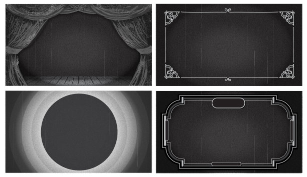 一套黑白复古的无声电影标题屏幕背景设计与舞台窗帘和不同的帧4k宽高比图片下载