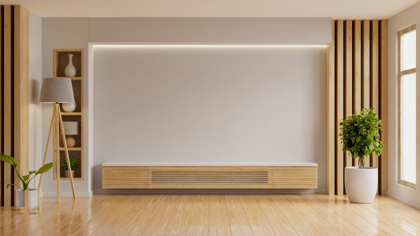 模拟在白调房间内安装有装饰的橱柜电视墙- 3D效果图图片下载