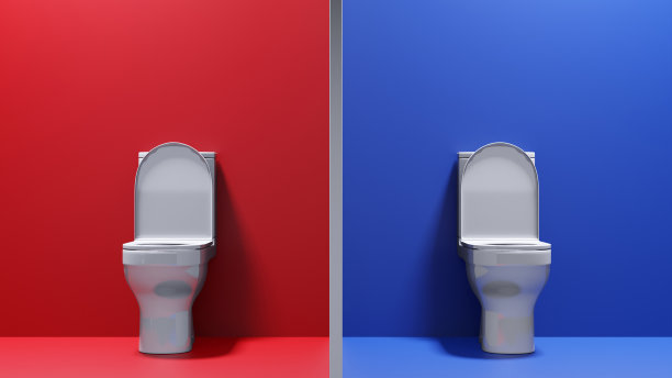 红色和蓝色背景的白色马桶的正面视图与盖子打开图片下载