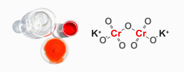 重铬酸钾在化学手表玻璃旁边的烧杯和平底烧瓶红色液体。前视图。化合物的结构显示在侧面。图片下载
