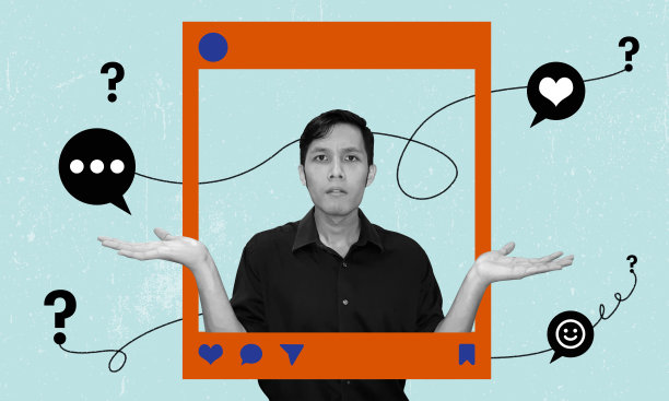 被社交媒体图标和符号框住的困惑男人的拼贴画图片下载