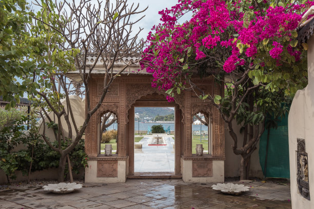 印度拉贾斯坦邦乌代普尔，一扇木门，建筑侧面有花卉图案图片下载