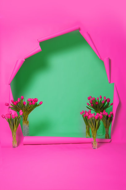 明亮的春天背景，粉红色的破纸和装饰着郁金香的绿色墙壁。鲜花拍照区。粉红色和绿色的组合。图片下载
