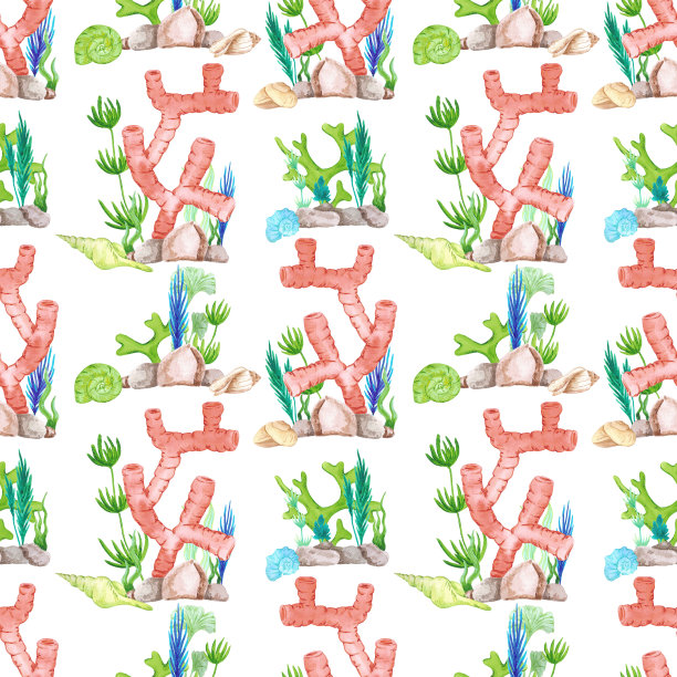 手绘水彩珊瑚和贝壳无缝图案隔离在白色背景。海洋插图可用于纺织、织物、包装等印刷品。图片下载