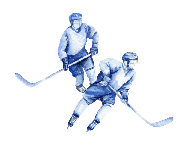 两名曲棍球运动员用棍棒运动，手绘水彩素描冰上运动的主题，插图在白色背景，为曲棍球装饰图片下载