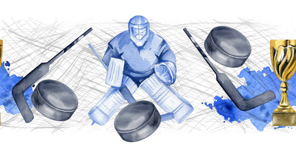 冰球守门员护球、球棒、冰球、金杯，水彩蓝点背景，无缝边框，手绘冰上运动主题水彩素描，冰球装备插画图片下载