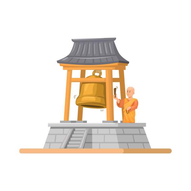 佛教和尚敲响巨大的钟上的寺庙建筑卡通插图向量图片下载