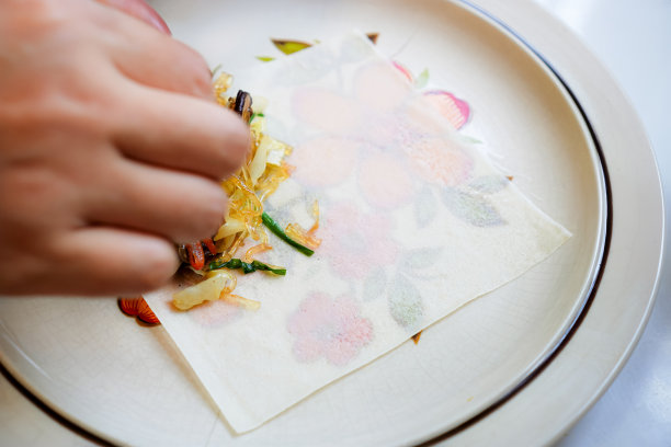 厨师在家庭厨房里把素食春卷包在盘子里的照片。图片下载