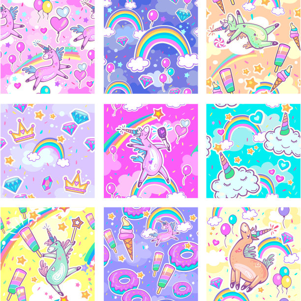 可爱的无缝图案与独角兽设计的时尚图形，t恤，印刷品，海报图片下载