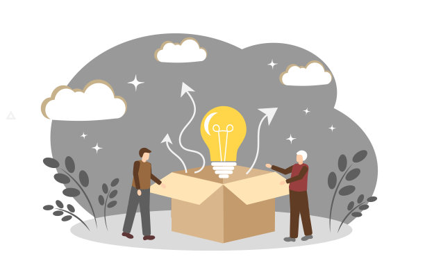 新概念的构思，想象力和灵感。盒子里的灯泡。盒子和构思图片下载