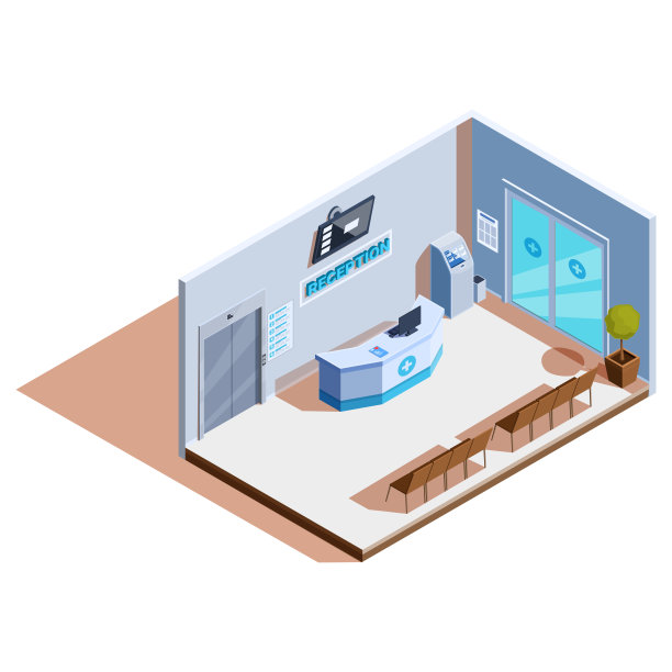 等距医院接待与家具和电梯，矢量插图图片下载