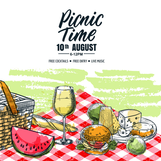 野餐横幅、海报设计。手绘酒杯，汉堡，桌布上的奶酪。矢量素描插图图片下载