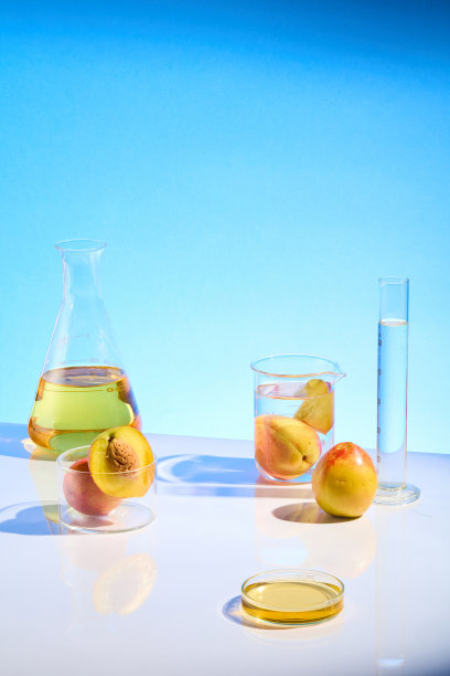 照片是在白色的桌子上从高角度拍摄的，桌子上有一些实验仪器，如烧杯、烧瓶、量筒和培养皿，都含有桃子或桃子精华图片下载