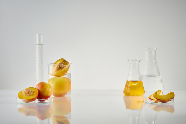 白色背景照片，从正面角度，实验室桌子上有一些器具，如埃伦迈尔，烧杯，培养皿和量筒，透明和黄色的液体填充。文本空间图片下载