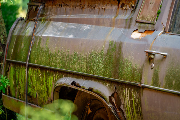 古老的古董，经典的灵车，运送尸体的殡葬车。车上锈迹斑斑，绿霉渗透，金属板腐烂，满目疮痍。图片下载