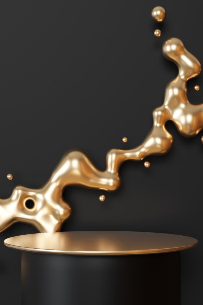 豪华的讲台与流体金色飞溅黑色，垂直的背景。以优雅，精致的方式突出优质商品的理想选择。空的场景。舞台，展示，展示。熔化的黄金。3 d。图片下载