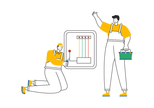 照明和电力矢量插图，为技术人员电气工作提供灯泡，灯和能源维护服务面板柜图片下载