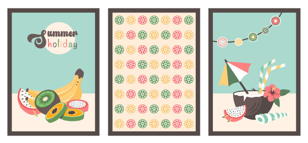 凉爽的椰子夏日鸡尾酒。热带沙滩饮品用伞、稻草、异域花卉、贝壳。新鲜异国水果组成。热带柑橘背景。矢量平面卡通插图图片下载