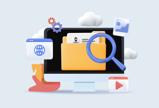 搜索电脑文件图标的概念。文件管理器，操作系统，搜索媒体，照片，文档。数据库中的文件，大数据。3d文档管理概念媒体，文档在线，3d图片下载