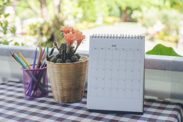 学生木制课桌上摆放的台历和仙人掌。2024日历计划计划每天，每月和每年在木桌上的日常业务约会。日历背景概念。图片下载
