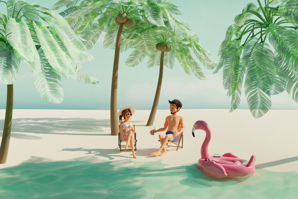 一对夫妇在沙滩上棕榈树下的日光浴躺椅上放松。夏季旅游概念。三维渲染图片下载