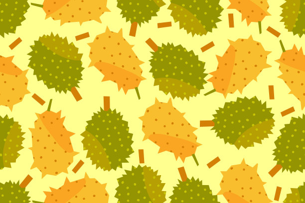 黄色背景上的榴莲和kiwano果实。无缝模式。异域热带水果呈扁平状。天真抽象的果实。矢量插图。图片下载