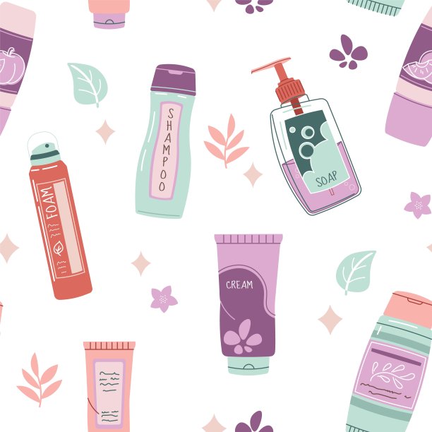 与化妆品瓶子的无缝图案。面霜，乳液，精华液用于面部和身体。个人护理，卫生。矢量平面插图纹理，背景，壁纸，织物图片下载