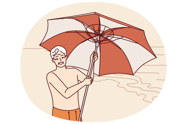 一位老人站在沙滩上，在热带度假胜地的旅行中，他拿着伞遮挡阳光图片下载