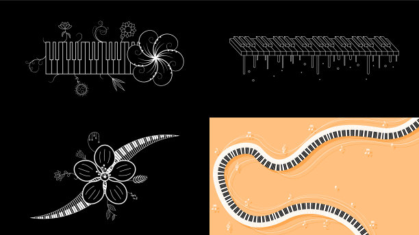 集抽象收集钢琴键音乐键盘乐器与植物早午餐植物涂鸦轮廓融化歌曲旋律矢量设计风格图片下载